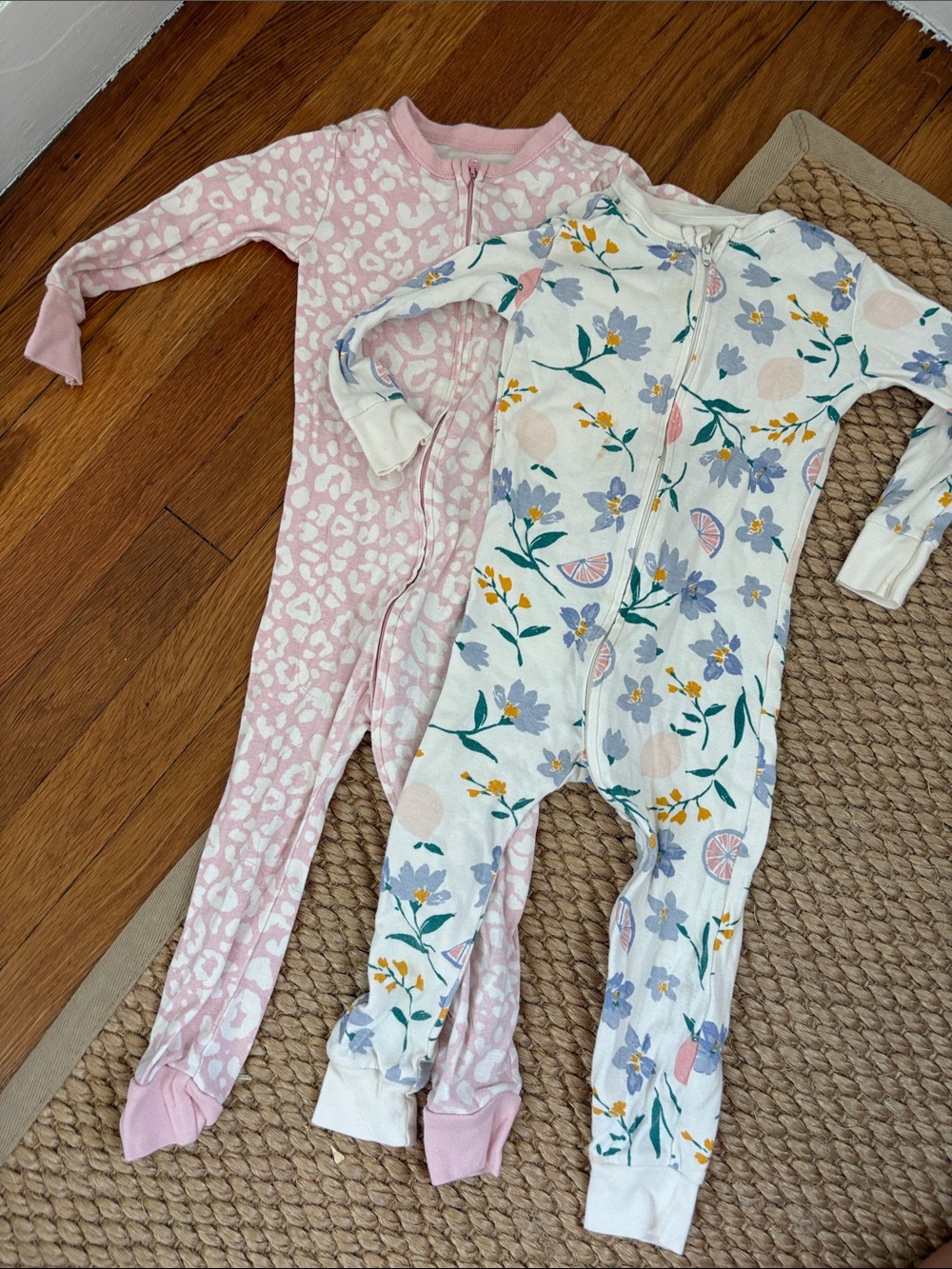 Old Navy Pink Leopard and Cream Floral Zip One-Piece Pajamas (Bundle of 2) 2T